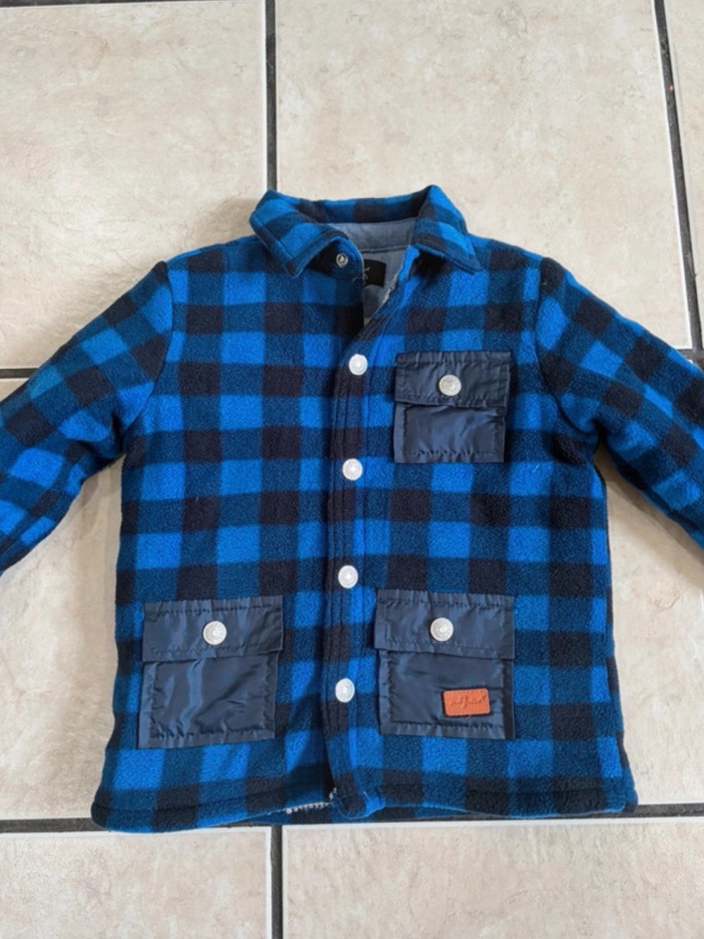 7 For All Mankind Blue and Black Plaid Fleece Button-Front Shirt Jacket